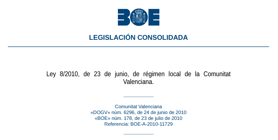Test de la Ley 8/2010, de 23 de junio, de régimen local de la Comunitat Valenciana